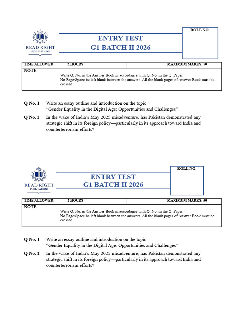 G1 Entry Test Batch 2 | PDF