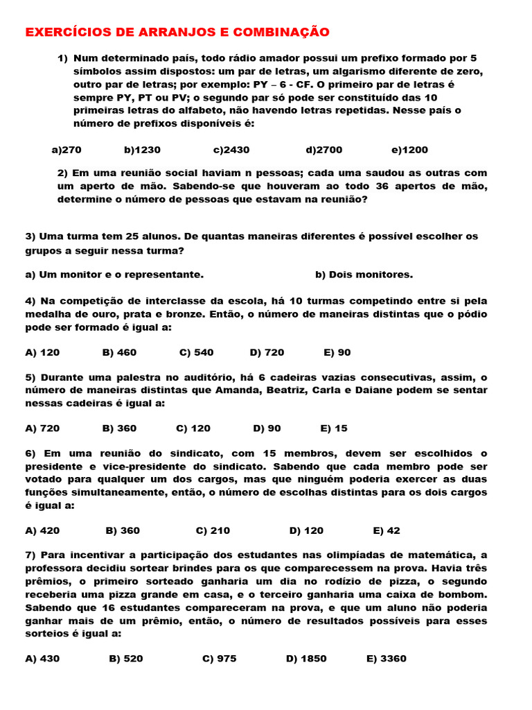 Exercícios de Arranjos e Combinações | PDF