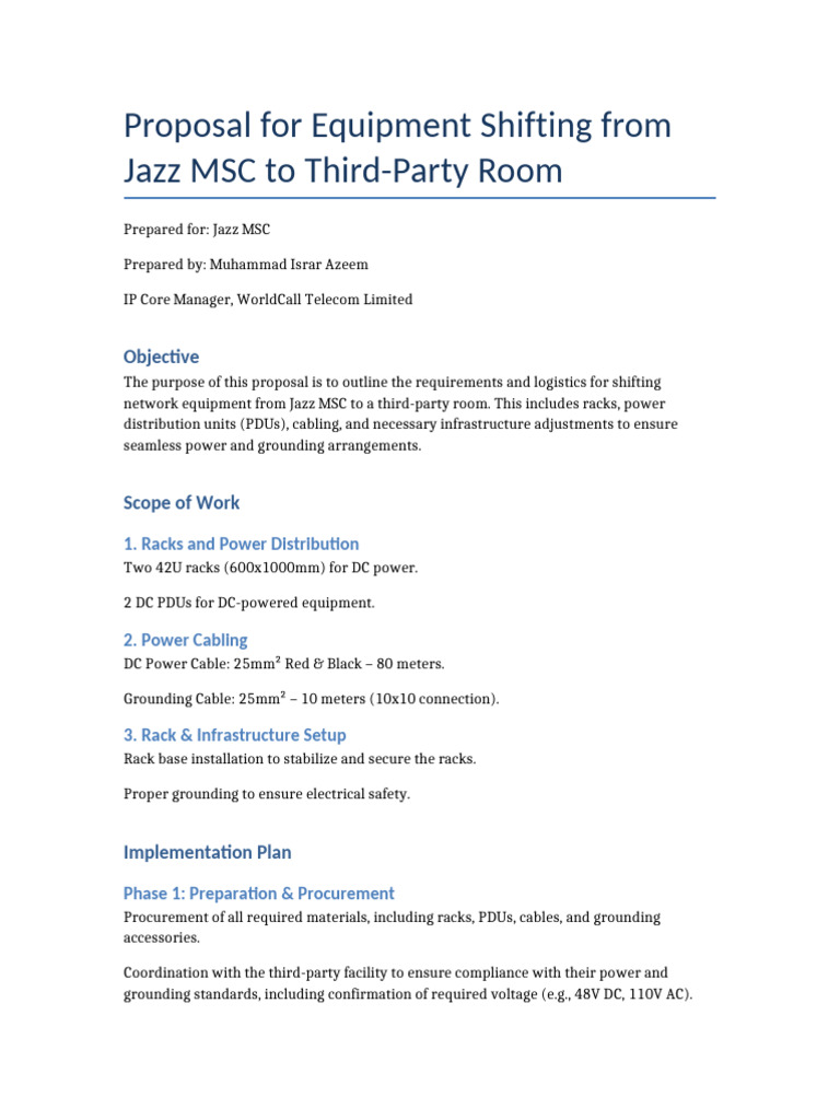 Equipment Relocation Proposal for Jazz MSC | PDF | Electric Power ...