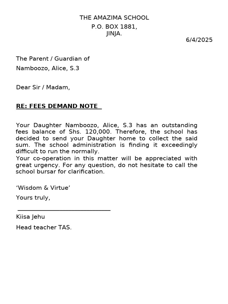 Amazima School Fees Demand Notice | PDF