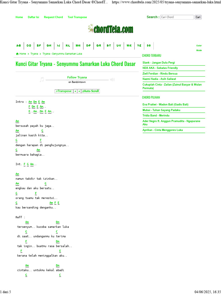 Kunci Gitar Tryana - Senyummu Samarkan Luka Chord Dasar © | PDF
