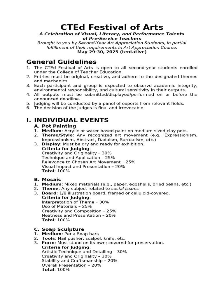 Festival of Arts Culminating Activity Guidelines and Activities | PDF ...