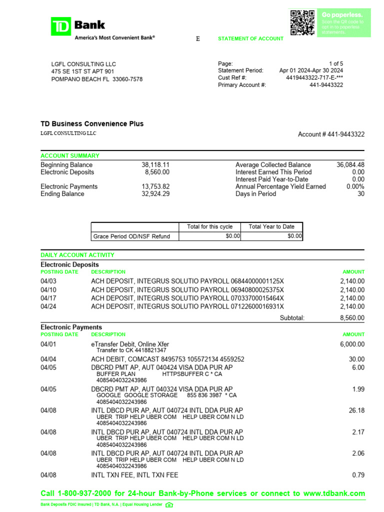 TD Bank Account Statement Summary | PDF | Banks | Credit Card