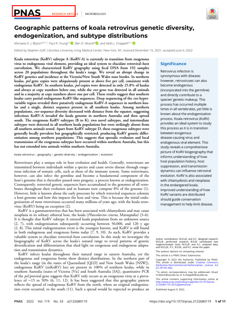 Geographic Patterns of Koala Retrovirus Genetic Diversity ...