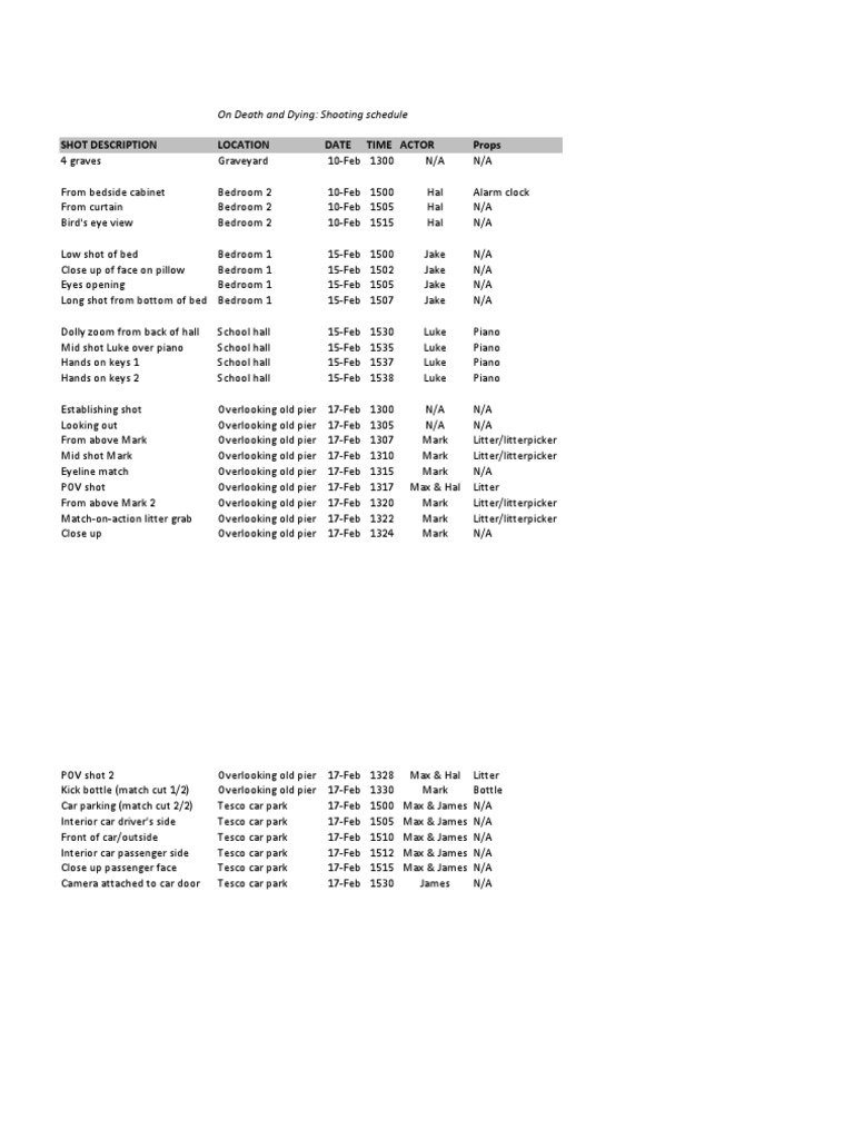 Shooting Schedule | PDF