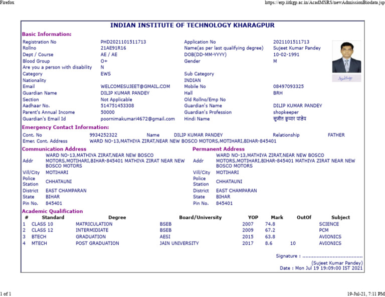 IIT Kharagpur PhD Application Details | PDF