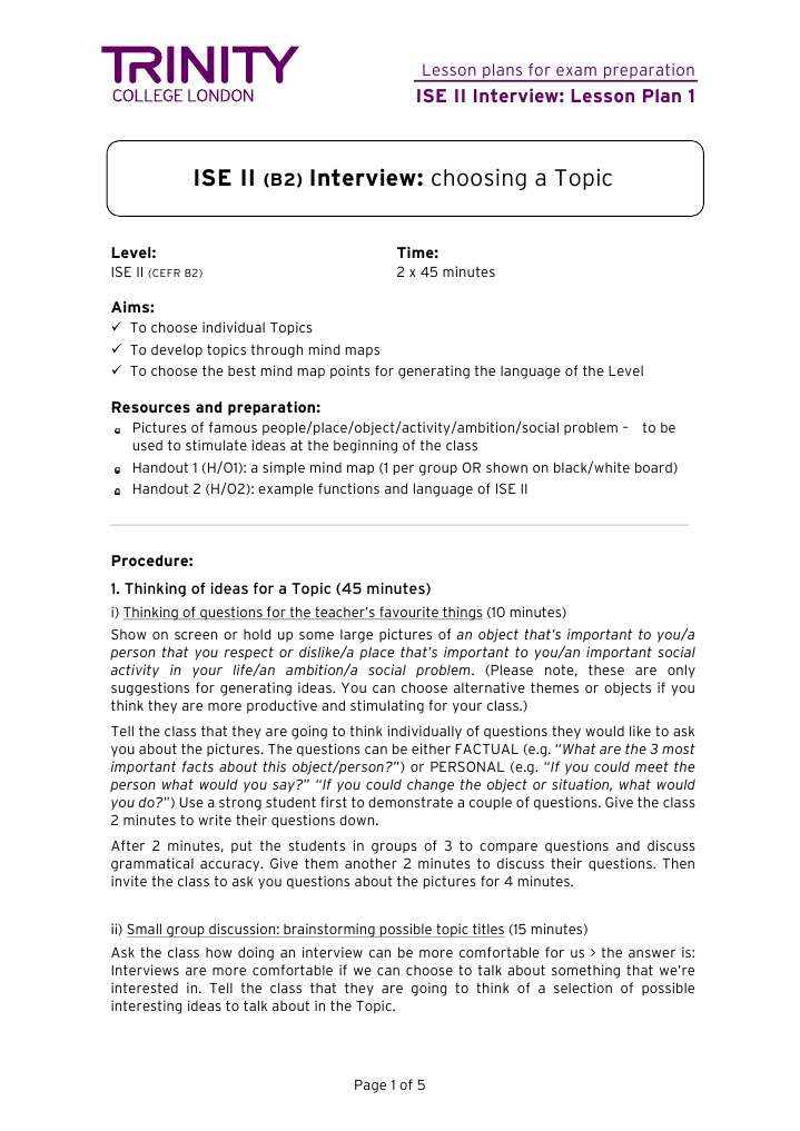 ISE II Interview Topic Selection Guide | PDF | Brainstorming | Lesson Plan