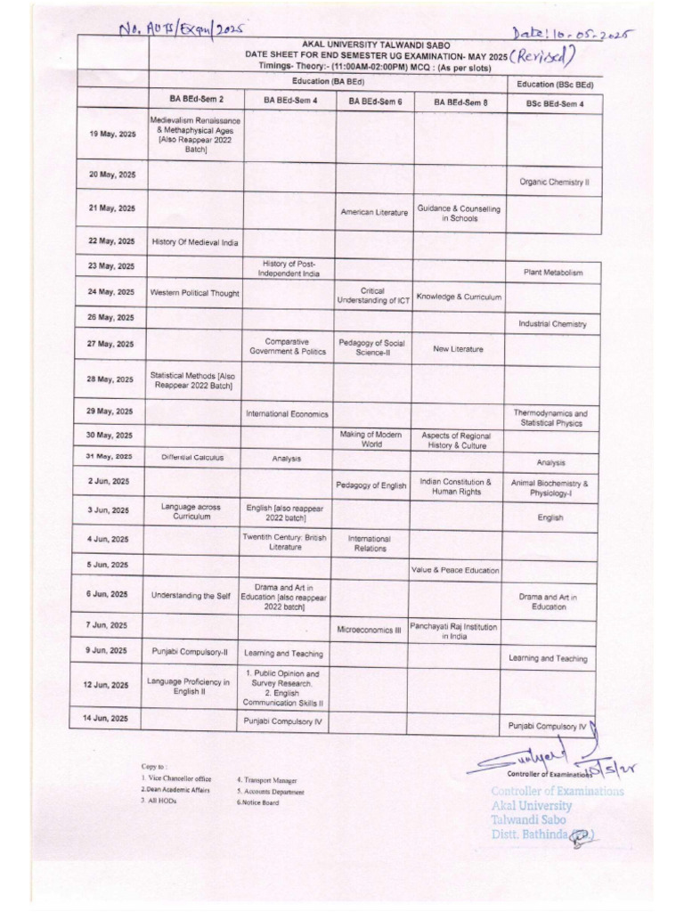 UG Education Revised Date Sheet May 2025 | PDF