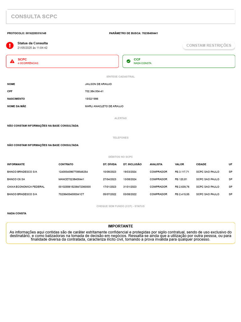 Consulta SCPC - Restrições e Débitos | PDF