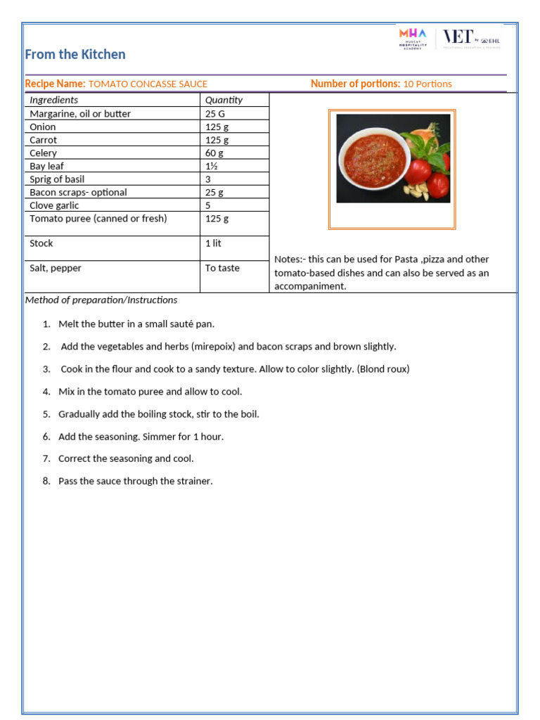 Tomato Concasse Sauce Recipe | PDF