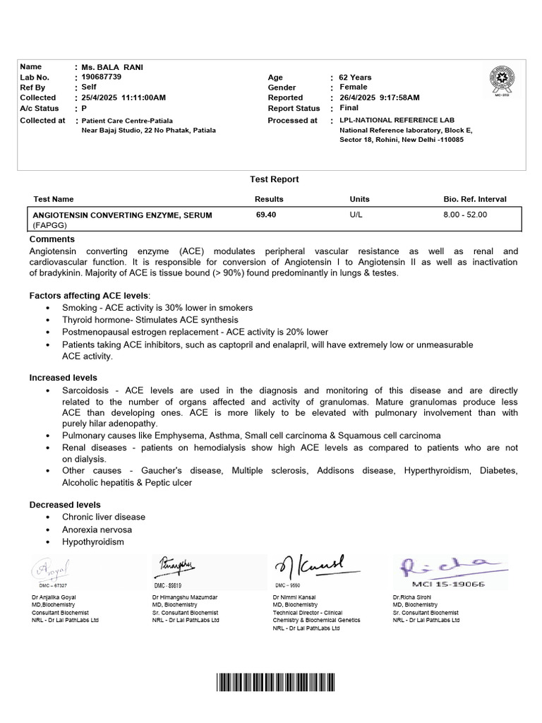 Angiotensin Enzyme Test Report for Ms. Rani | PDF | Diseases And ...
