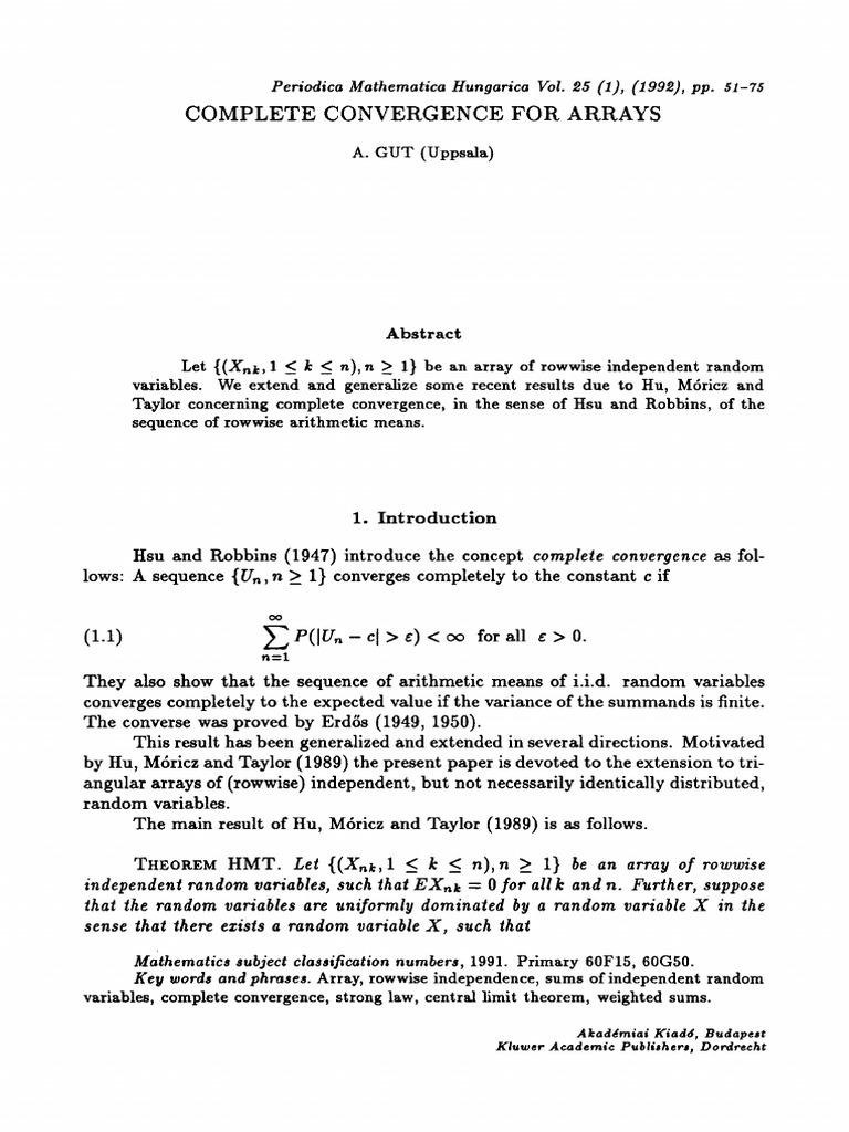 Gut - 1992 Complete Convergence For Arrays | PDF | Mathematics ...