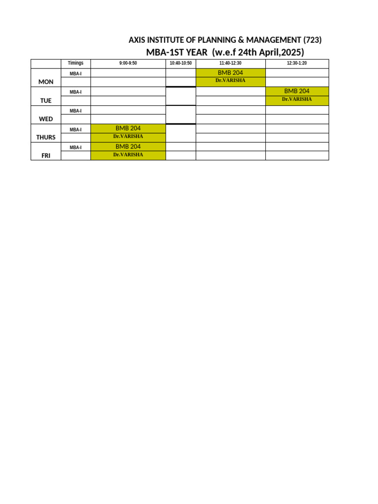 MBA Schedule for BMB 204 | PDF