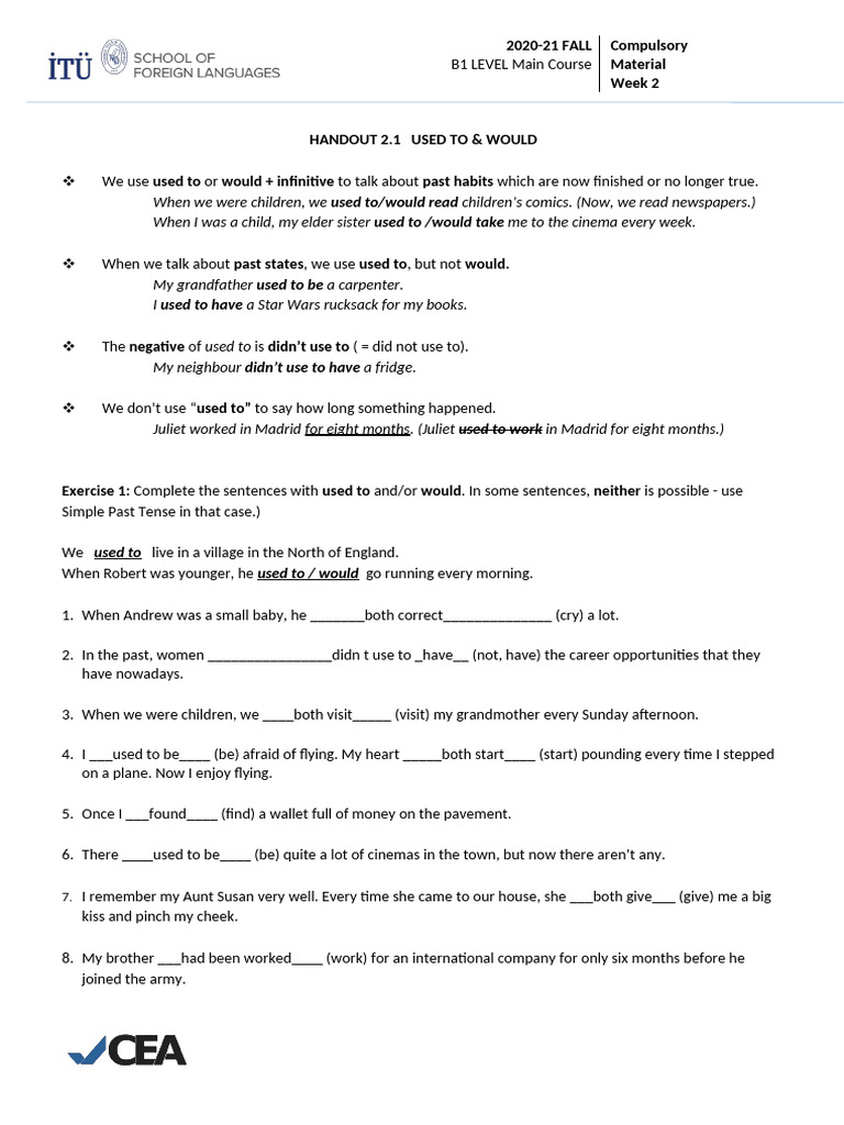 Handout 2.1 - Used To & Would | PDF