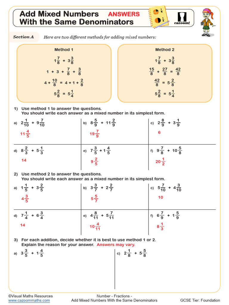 Add Mixed Numbers with Same Denominators | PDF | Numbers | Elementary ...