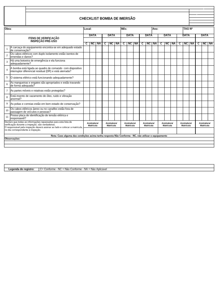 Checklist de Inspeção para Bomba de Imersão | PDF | Placa de registro ...