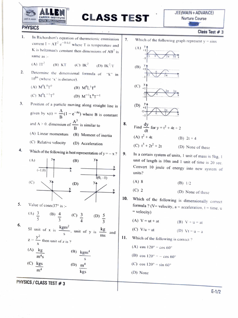 Physics Class Test #3 Solutions | PDF | Velocity | Acceleration