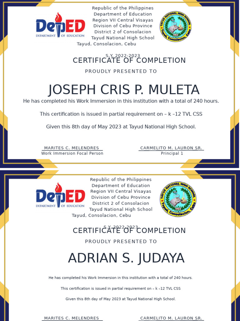 Work Immersion Completion Certificates | PDF