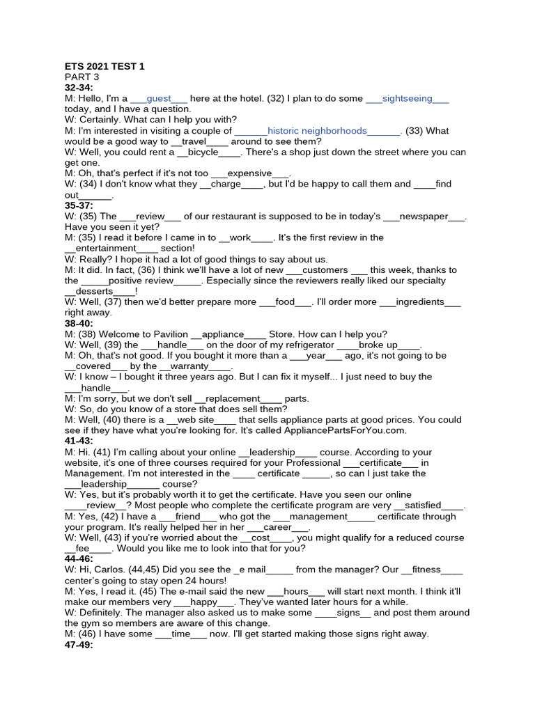 ETS 2021 Test 1 Listening Practice | PDF