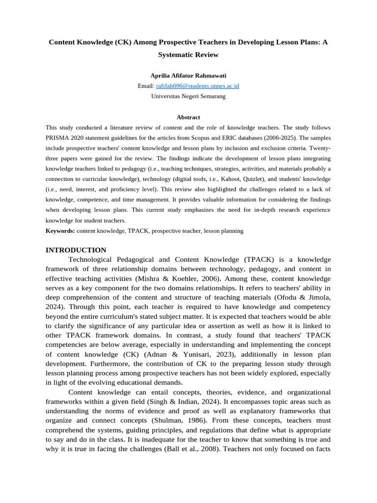 Content Knowledge in Teacher Lesson Plans | PDF | Teachers | Pedagogy