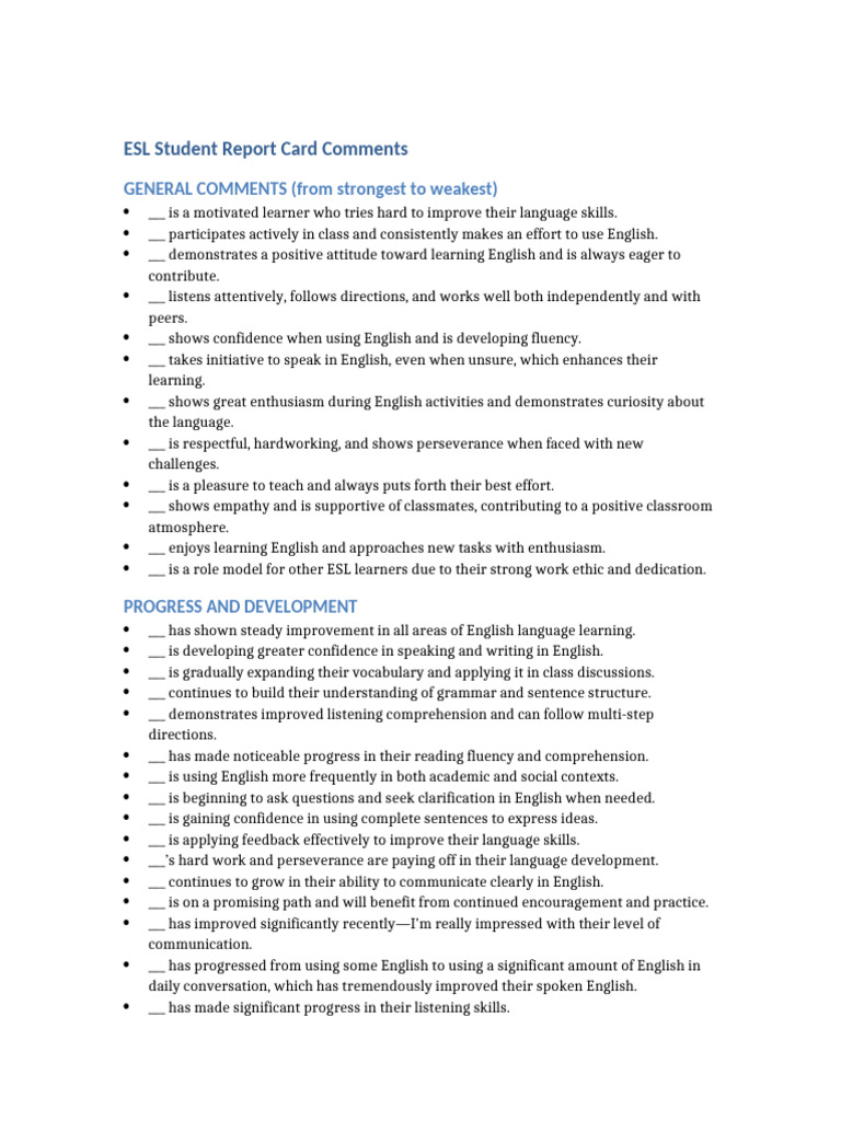 ESL Report Card Comments Guide | PDF | Reading Comprehension | English ...