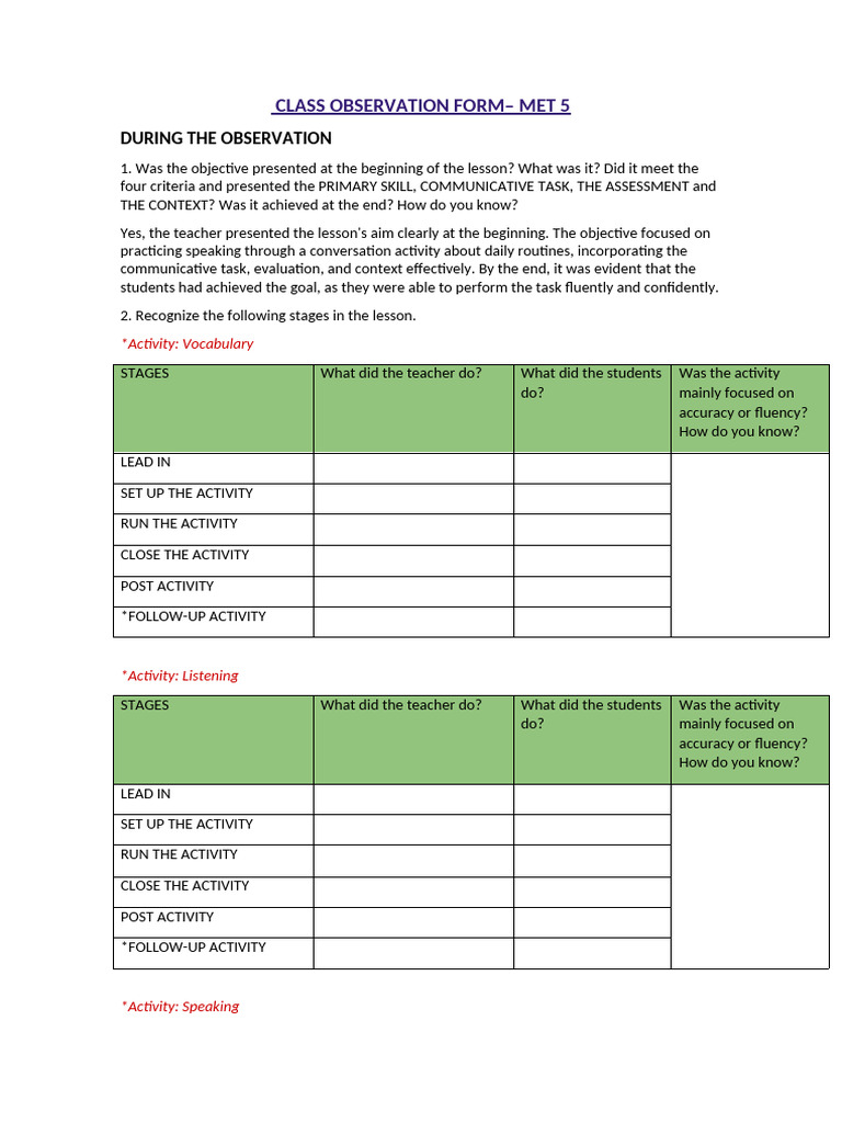 Class Observation Analysis for MET 5 | PDF | Fluency | Applied Linguistics