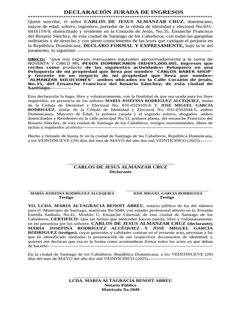 Declaración Jurada de Ingresos RD | PDF