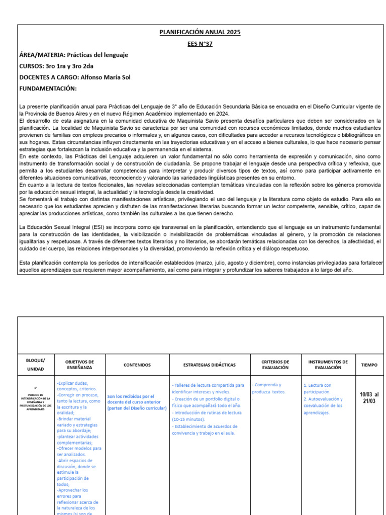 Planificación Anual Prácticas Lenguaje 2025 | PDF | Plan de estudios ...