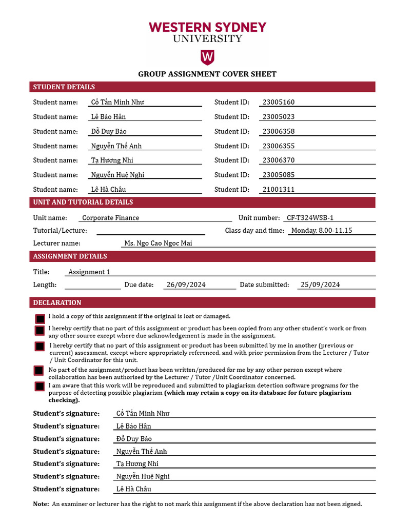 CF1 Assignment 1 Submission Sheet | PDF | Present Value | Money
