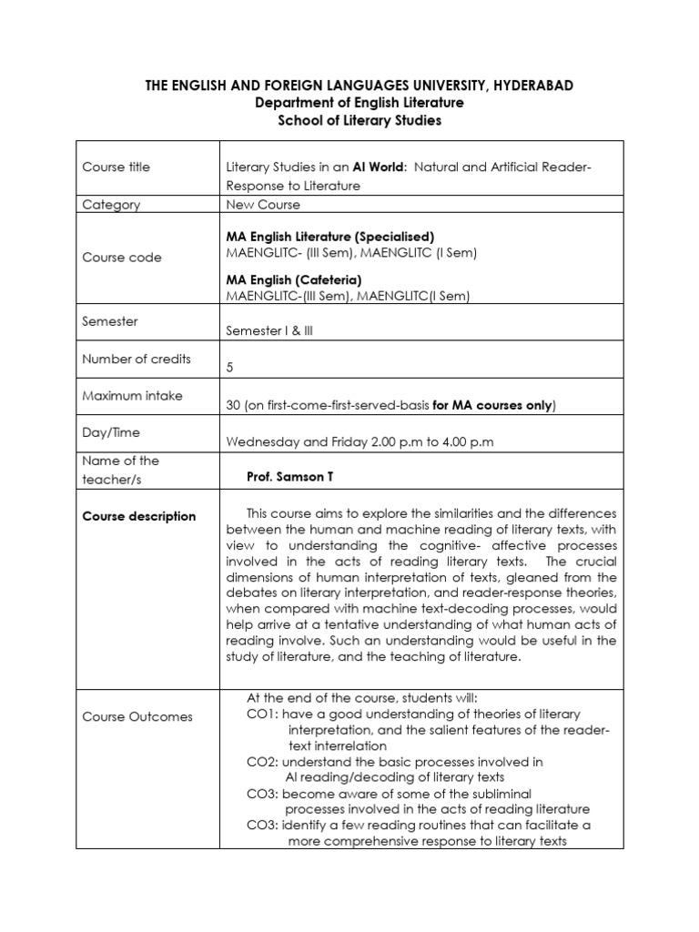 MA English Literature Semester I and III Course Description | PDF ...