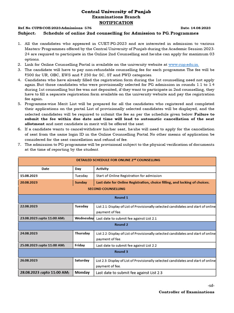 CUPB PG Admission 2nd Counselling Schedule | PDF