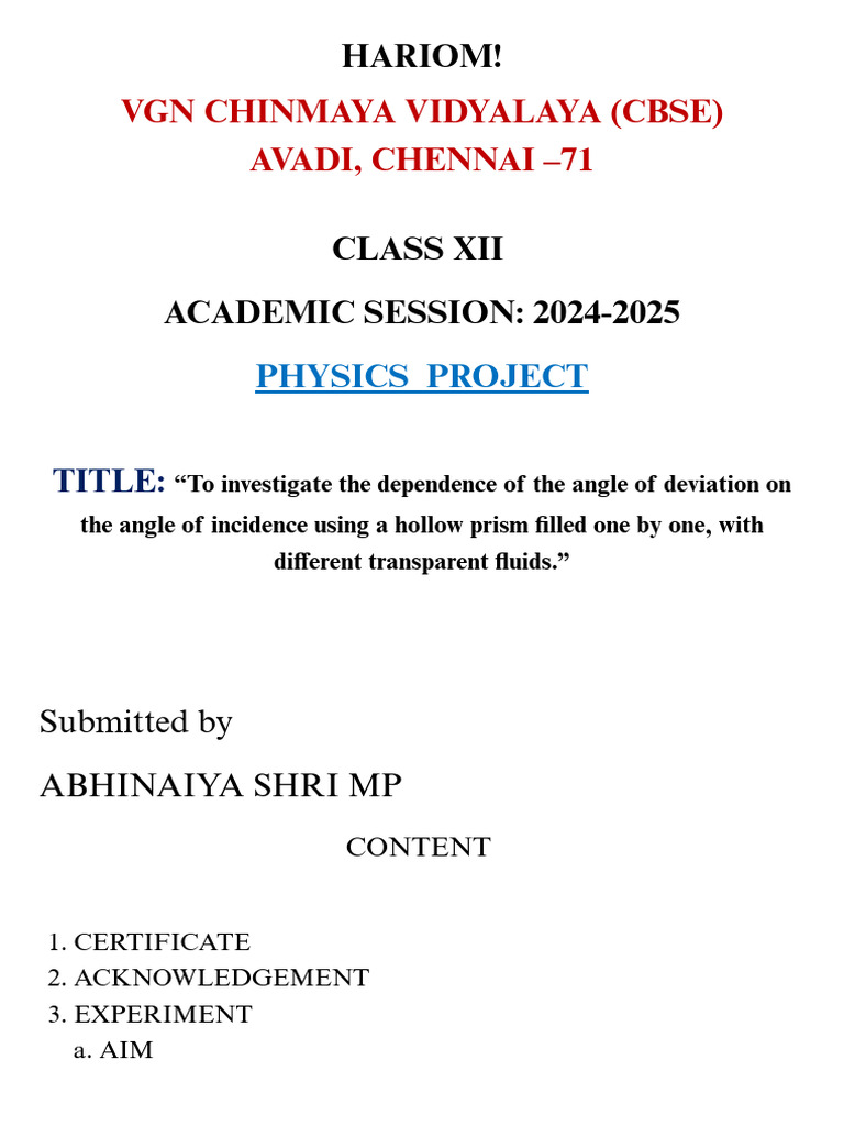 Physics Project on Prism Deviation | PDF | Refraction | Refractive Index