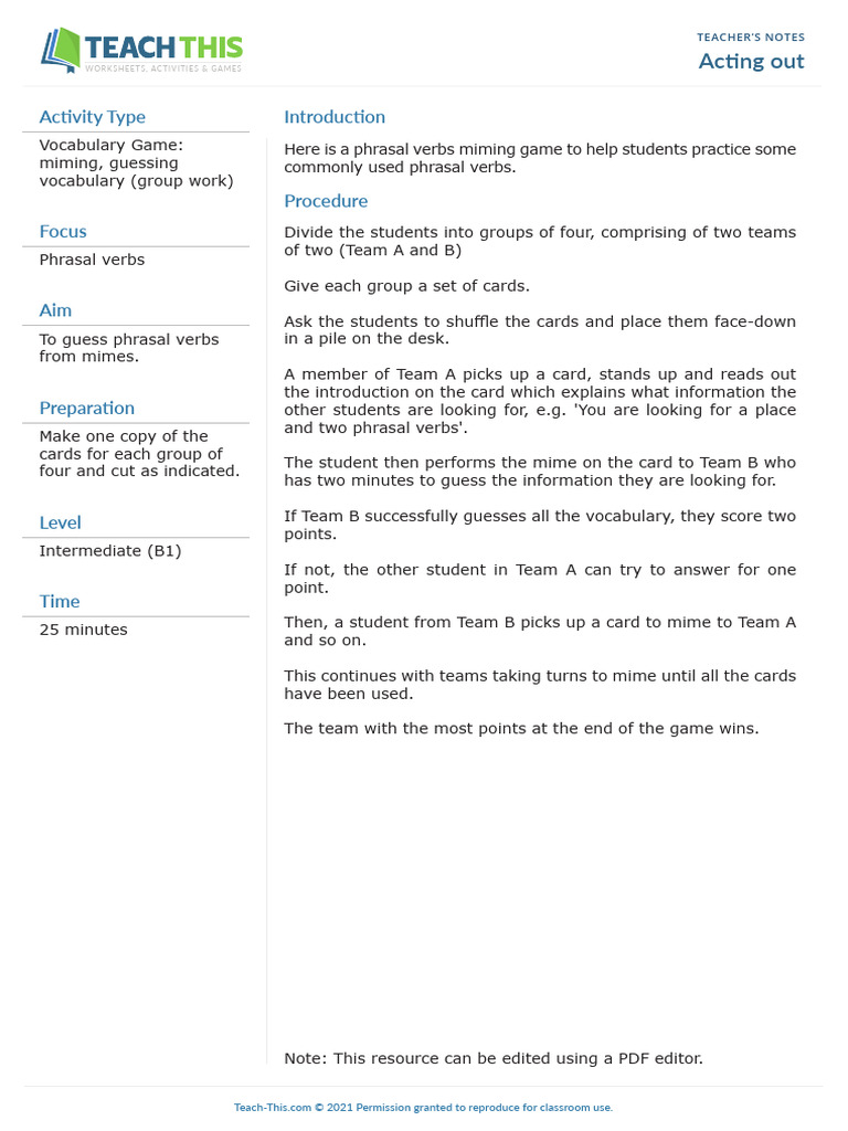 Phrasel Verbs Mime Game | PDF