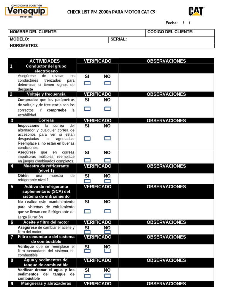 Checklist PM 2000h Motor CAT C9 | PDF | Refrigerante | Ingeniería mecánica