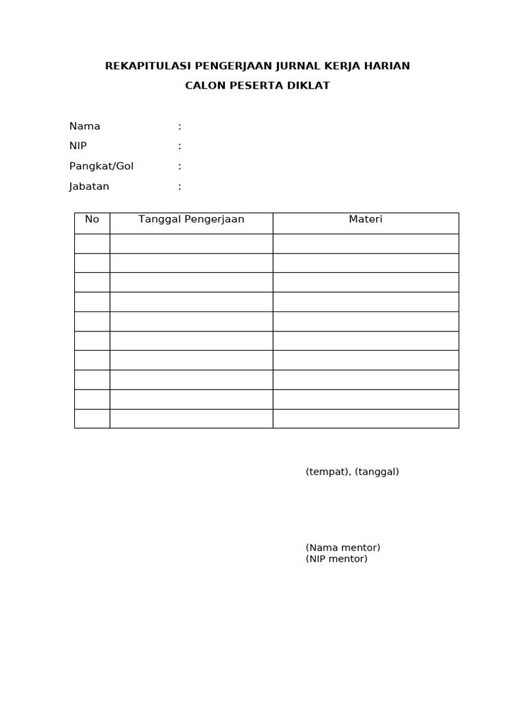 Rekap Jurnal Kerja Harian Diklat | PDF