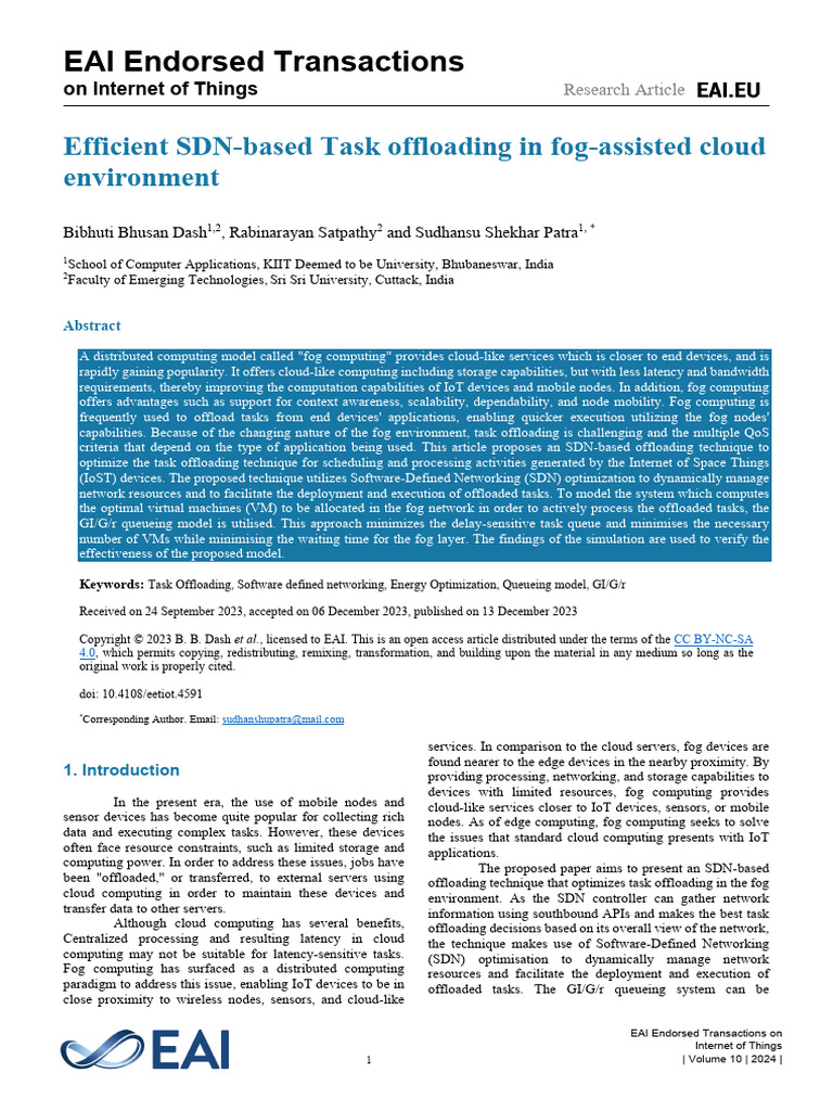 Efficient SDNbased Task Offloading in Fogassisted Cloud Environment ...