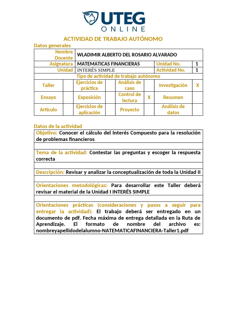Taller 1 Matematicas Financiera | PDF | Interés | Interés compuesto