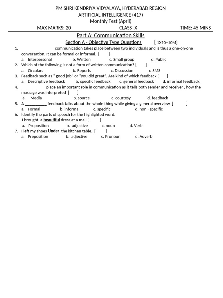 Class 10 English Monthly Test April 2025 | PDF | Communication ...
