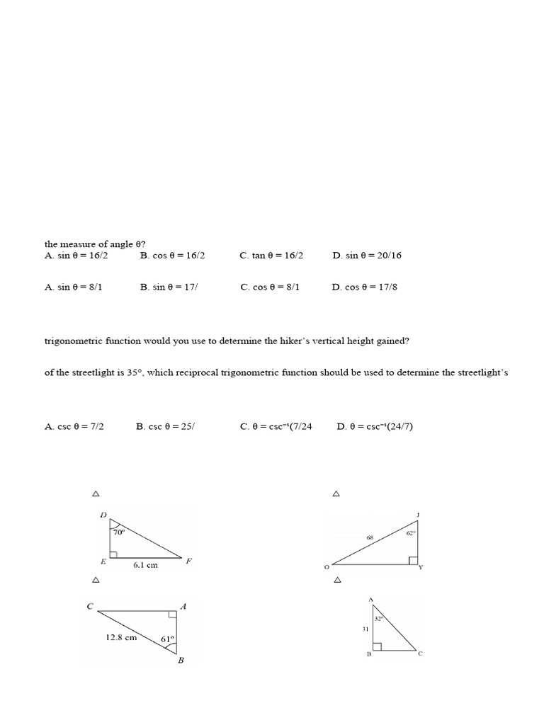 Trigonometric Ratios Test for Grade 9 | PDF | Trigonometric Functions ...