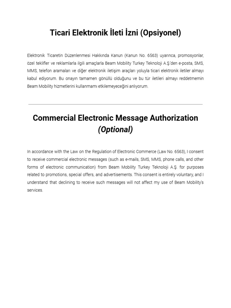 Beam Turkey Commercial Electronic Message Authorization-Final | PDF