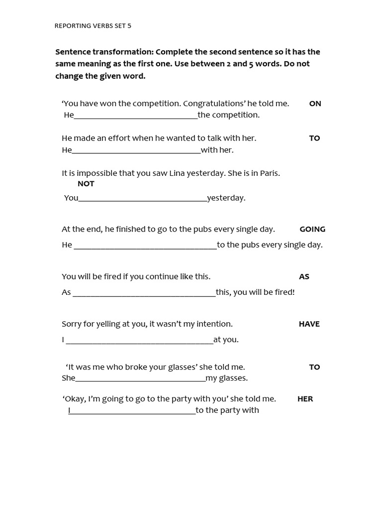 Reporting Verbs Practice Exercises | PDF