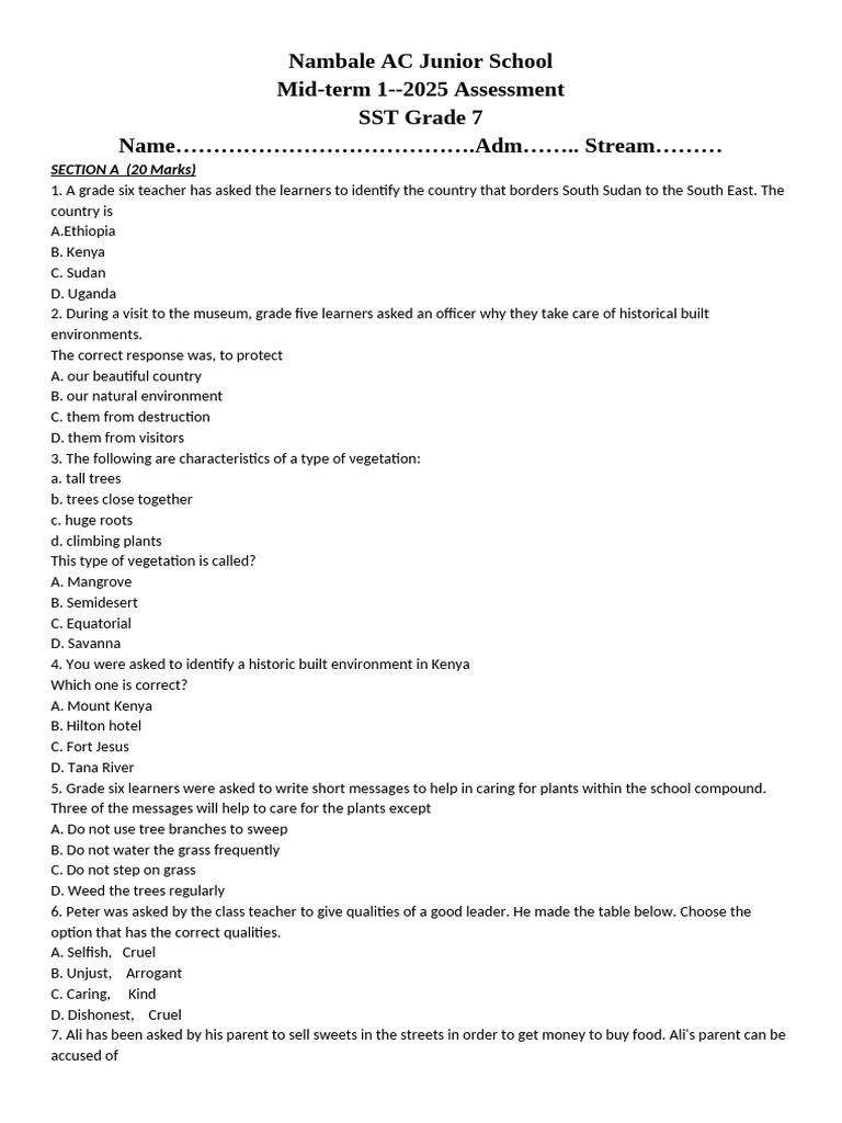 Grade 7 Social Studies Midterm 2025 | PDF