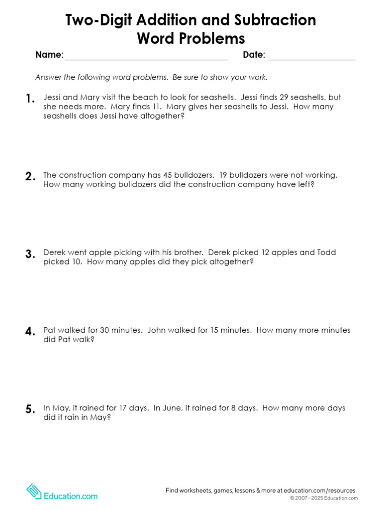 Two-Digit Addition & Subtraction Problems | PDF