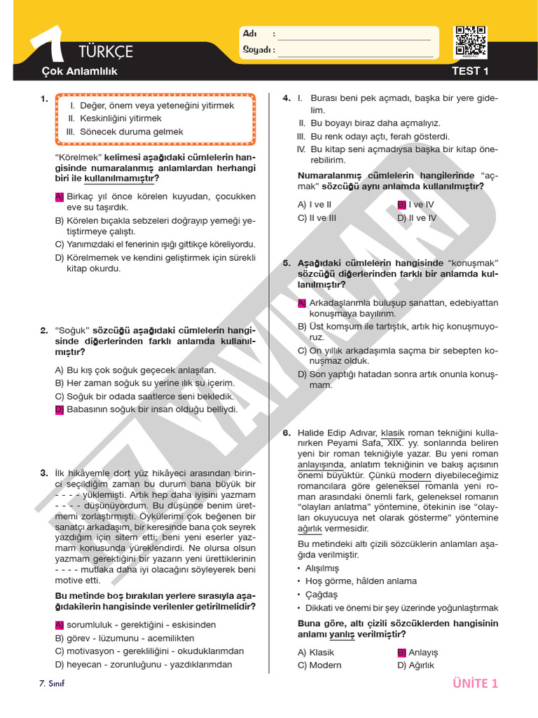 Sınıf Türkçe Yaprak Test | PDF