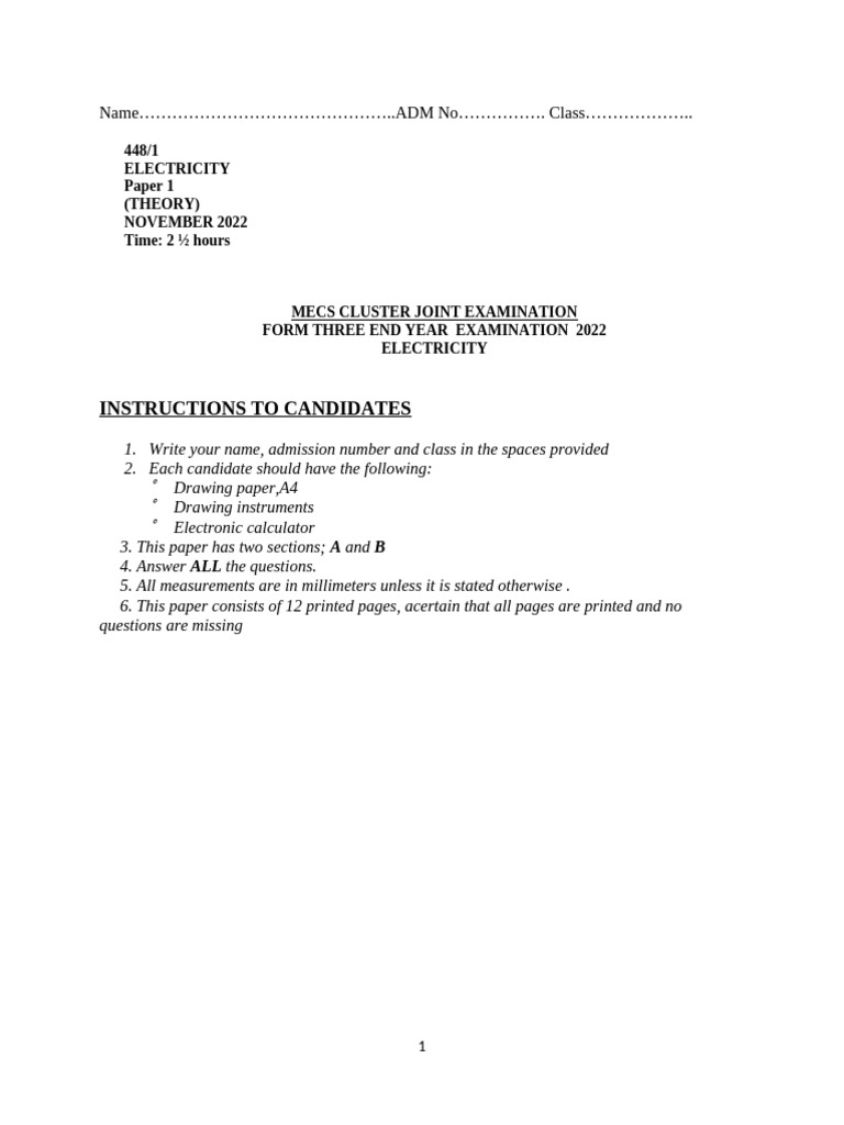 MECS Form Three Electricity Exam 2022 | PDF | Inductance | Capacitor