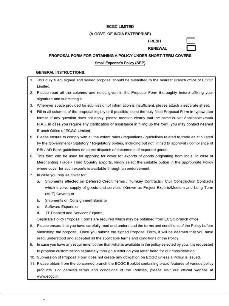 SEP Proposal Form for Export Policy | PDF | Insurance | Banks