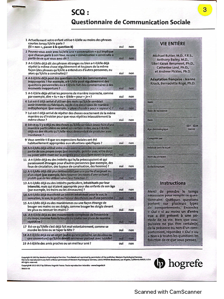 SCQ Questionnaire Enfant Ado | PDF
