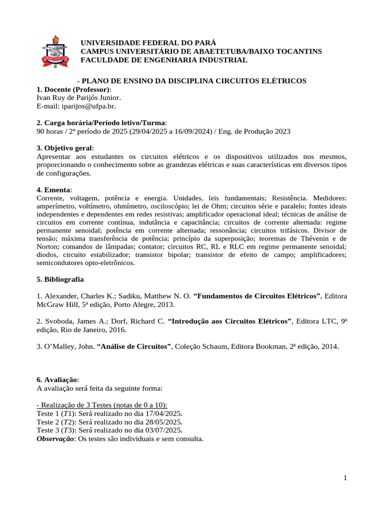 Plano de Ensino: Circuitos Elétricos UFPA | PDF | Rede elétrica ...