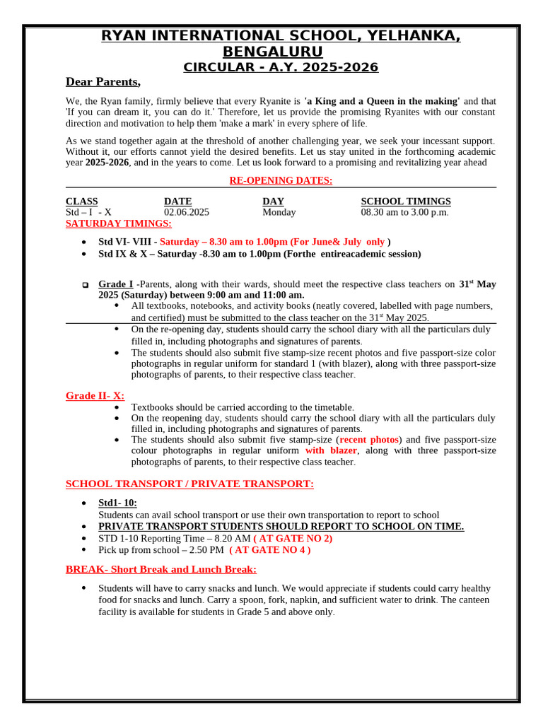 New Academic Year Circular - 2025-2026 | PDF