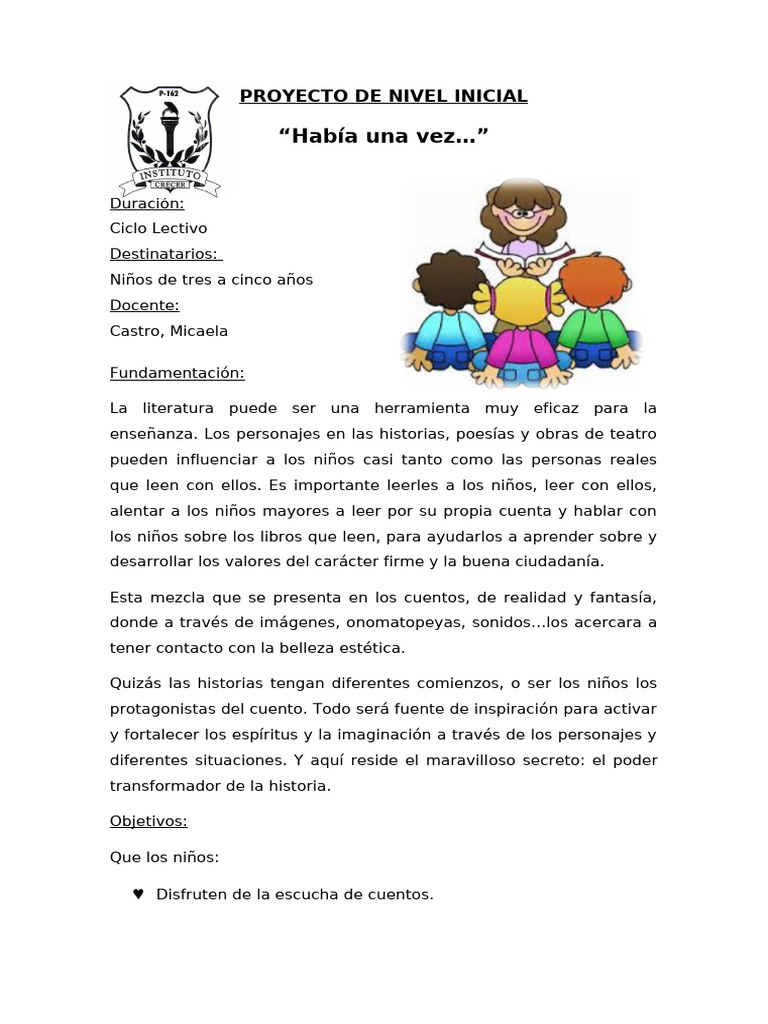Proyecto De Nivel Inicial Pdf Educación De La Primera Infancia